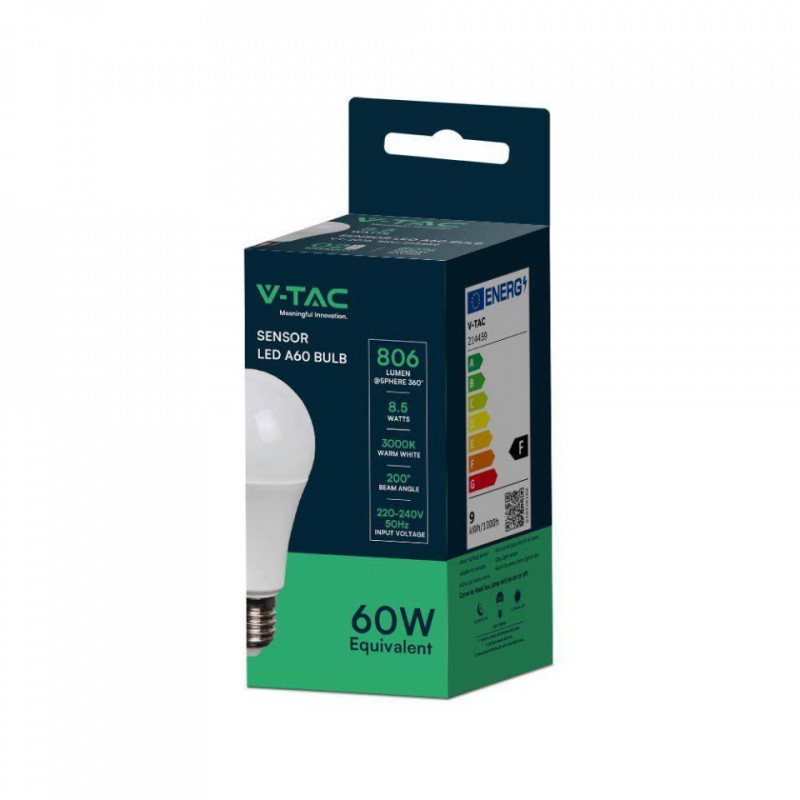 Żarówka LED V-TAC 8,5W E27 A60 Czujnik Zmierzchu VT-2016 3000K 806lm 2 Lata Gwarancji