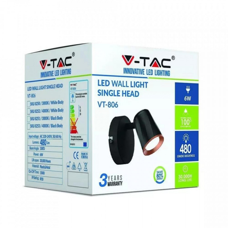 Kinkiet SPOT V-TAC 6W LED VT-806 4000K Czarny 480lm