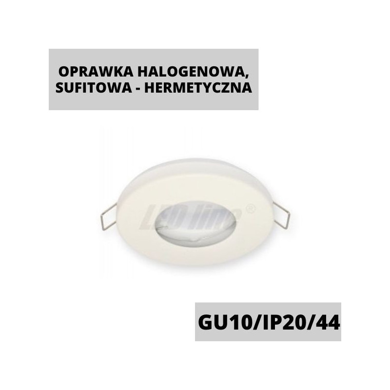 Oprawka halogenowa, sufitowa  - hermetyczna IP20/44 - okrągła, stała, tłoczona - biała matowa