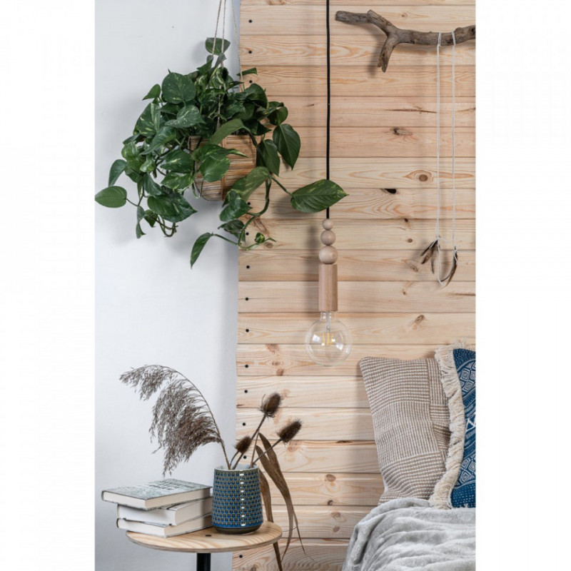 Drewniana lampa wisząca z koralikami Loft Rullo z przewodem w czarnym bawełnianym oplocie KOLOROWE KABLE