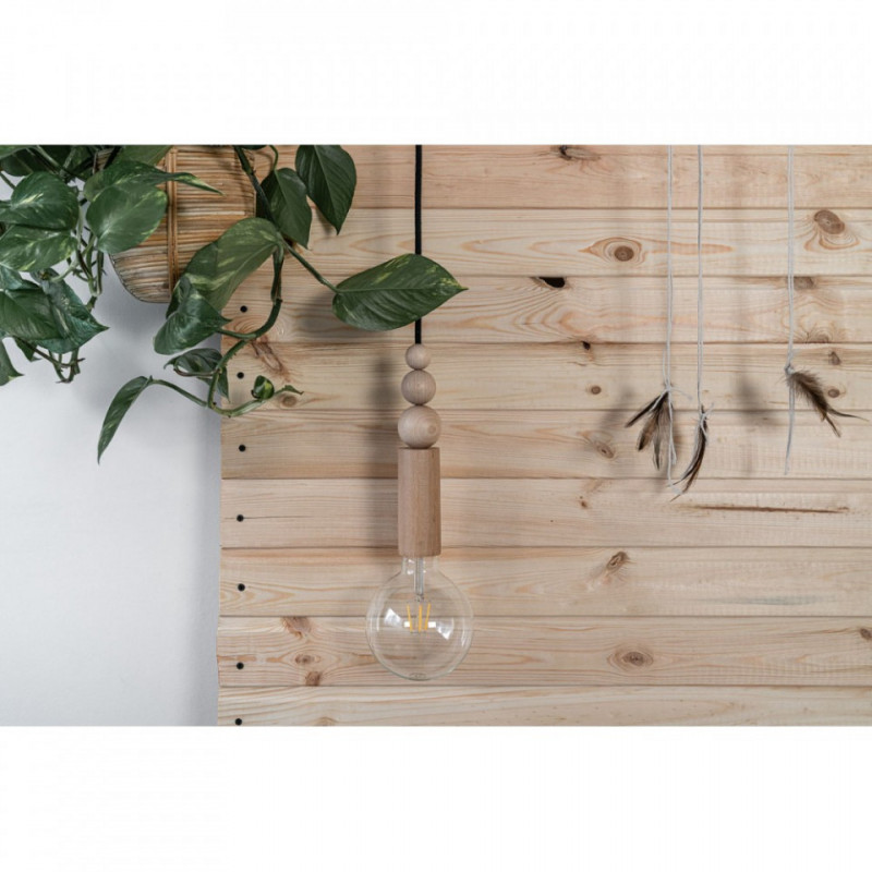 Drewniana lampa wisząca z koralikami Loft Rullo z przewodem w czarnym bawełnianym oplocie KOLOROWE KABLE