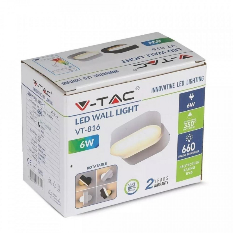 Kinkiet Ścienny V-TAC 6W LED Biały IP65 Obrotowy 350st VT-816 3000K 660lm