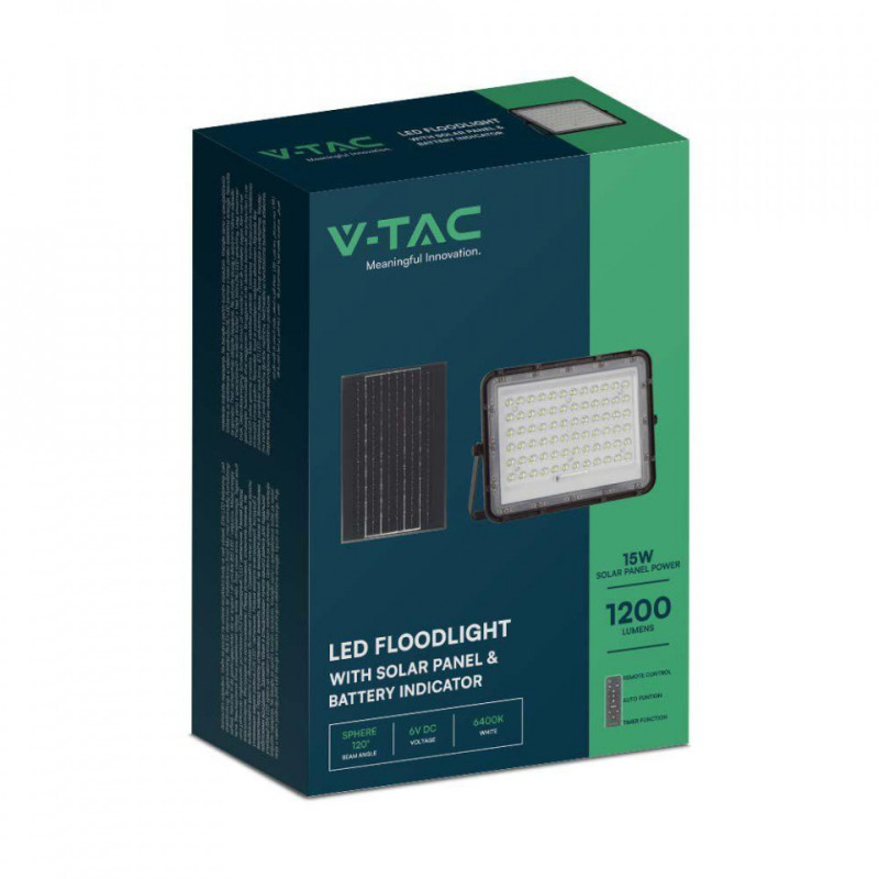 Projektor LED Solarny V-TAC 120W Pilot, AUTO, Timer, IP65 Czarny VT-120W 6400K 1200lm 2 Lata Gwarancji