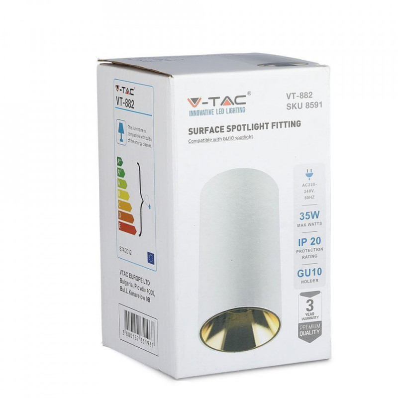 Oprawa Sufitowa V-TAC GU10 Okrągła Biały+Złoty 80x140mm VT-882
