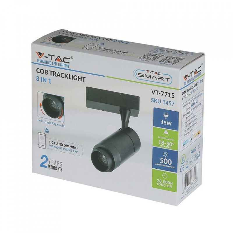 Oprawa LED V-TAC 15W Track Light Czarna Bluetooth Control 3w1 16-53st 650lm 5 Lat Gwarancji VT-7715