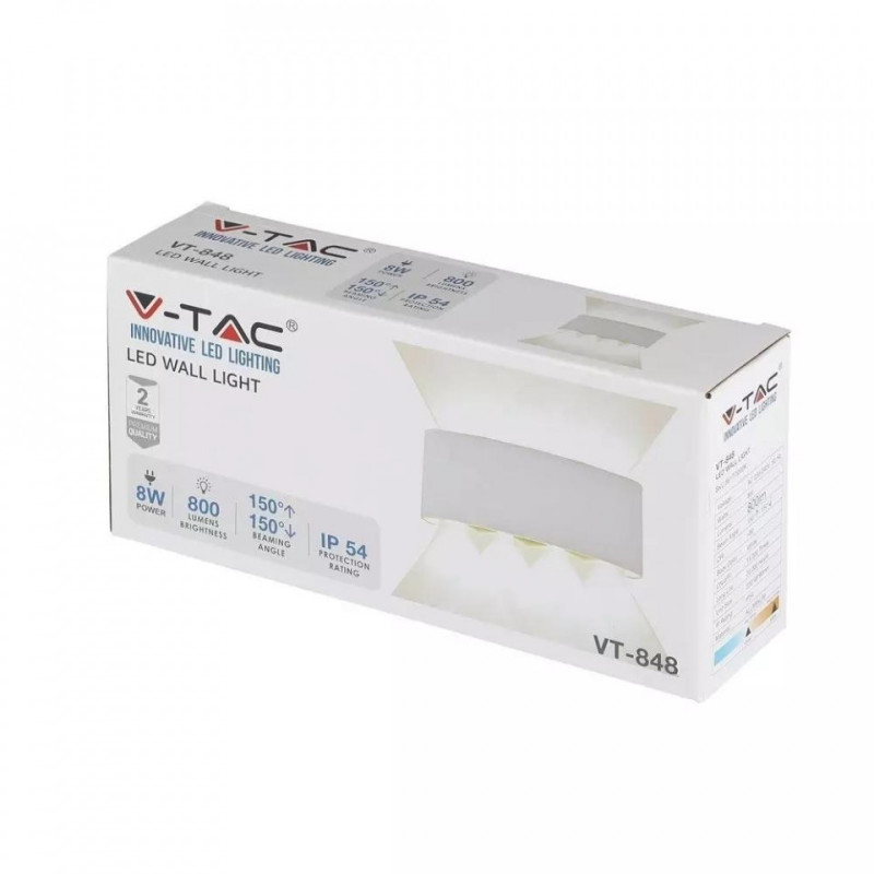 Oprawa Ścienna Góra/Dół V-TAC 8W LED Biała IP54 4000K 800lm VT-848