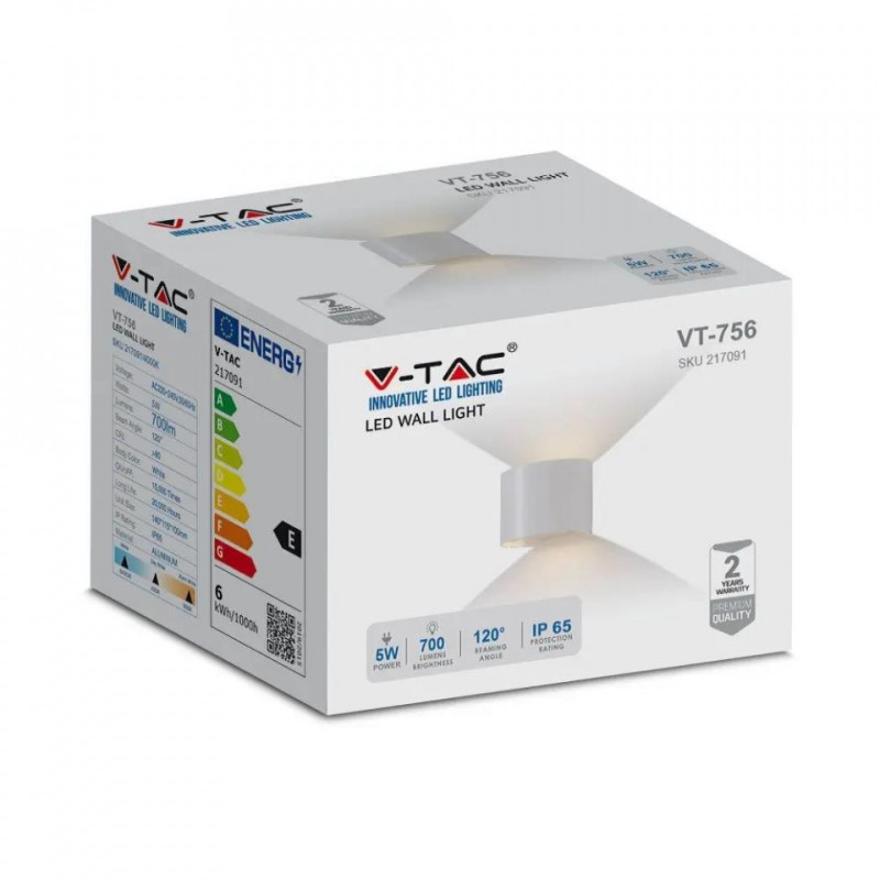 Oprawa Ścienna V-TAC 5W Kinkiet Góra/Dół Regulowany Biały Okrągły IP65 Bridgelux VT-756 4000K 700lm