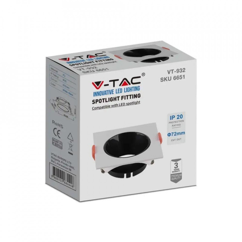 Oczko V-TAC GU10 Wpuszane Kwadrat Białe/Czarne VT-932 3 Lata Gwarancji
