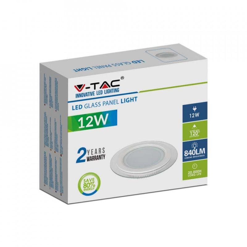 Panel LED V-TAC 12W LED Szkło Okrągły VT-1202G 4000K 840lm