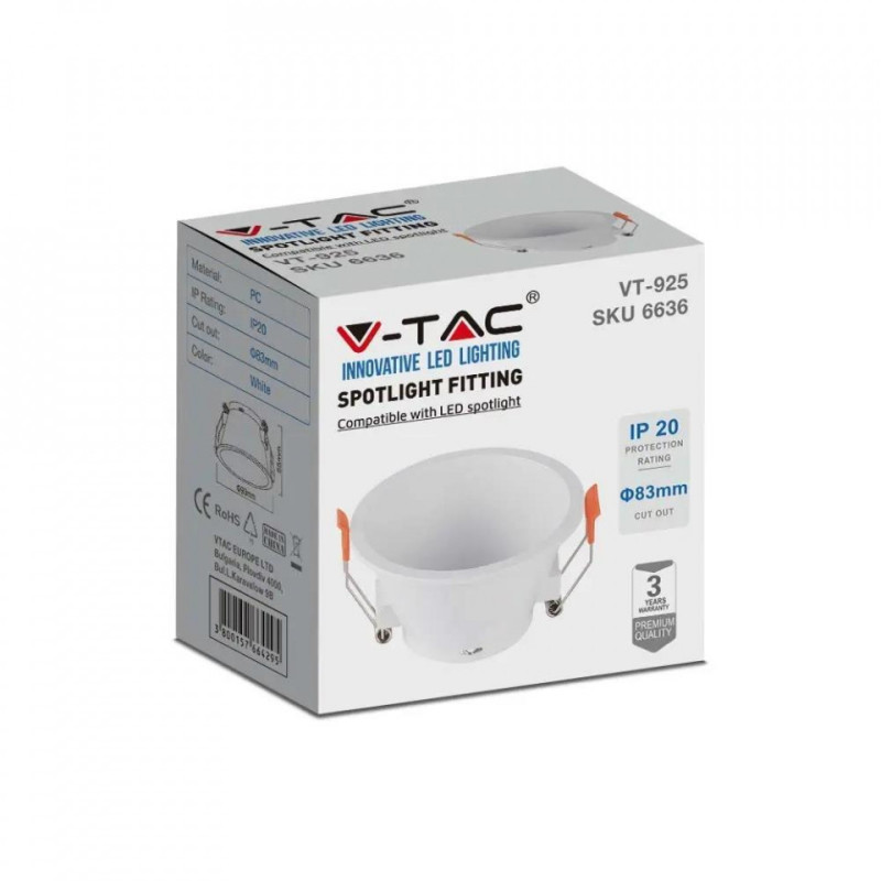 Oczko V-TAC GU10 Wpuszane Głębokie Okrągłe Białe VT-925 3 Lata Gwarancji