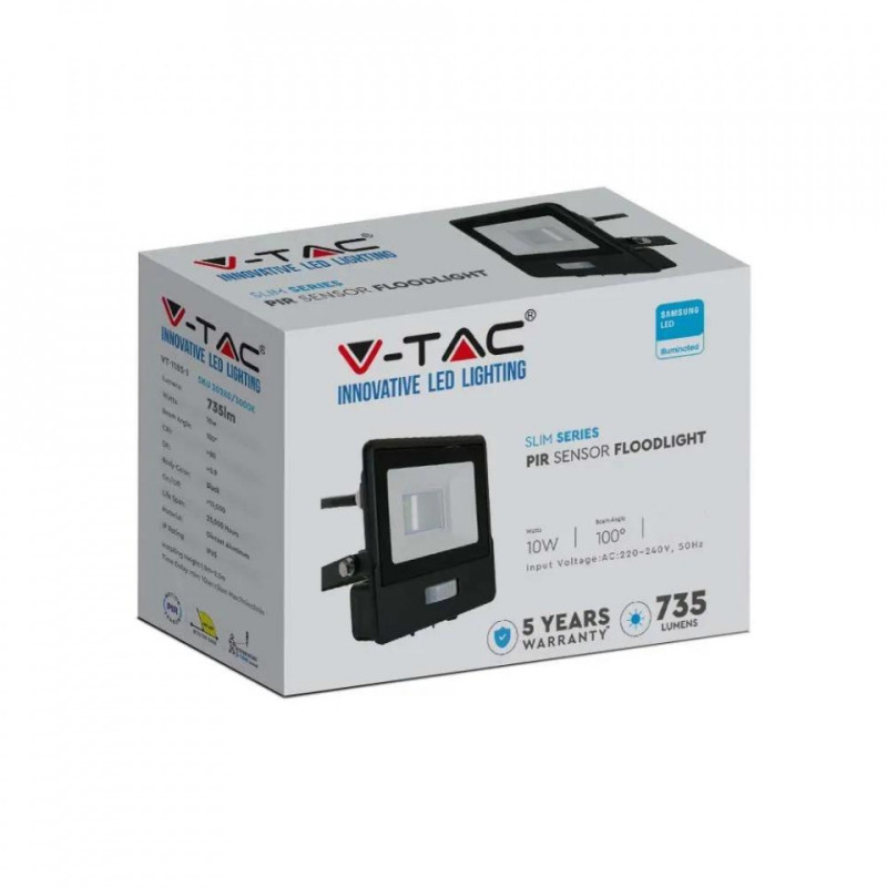 Projektor LED V-TAC 10W Czujnik Ruchu Czarny VT-118S-1 6400K 735lm 5 Lat Gwarancji