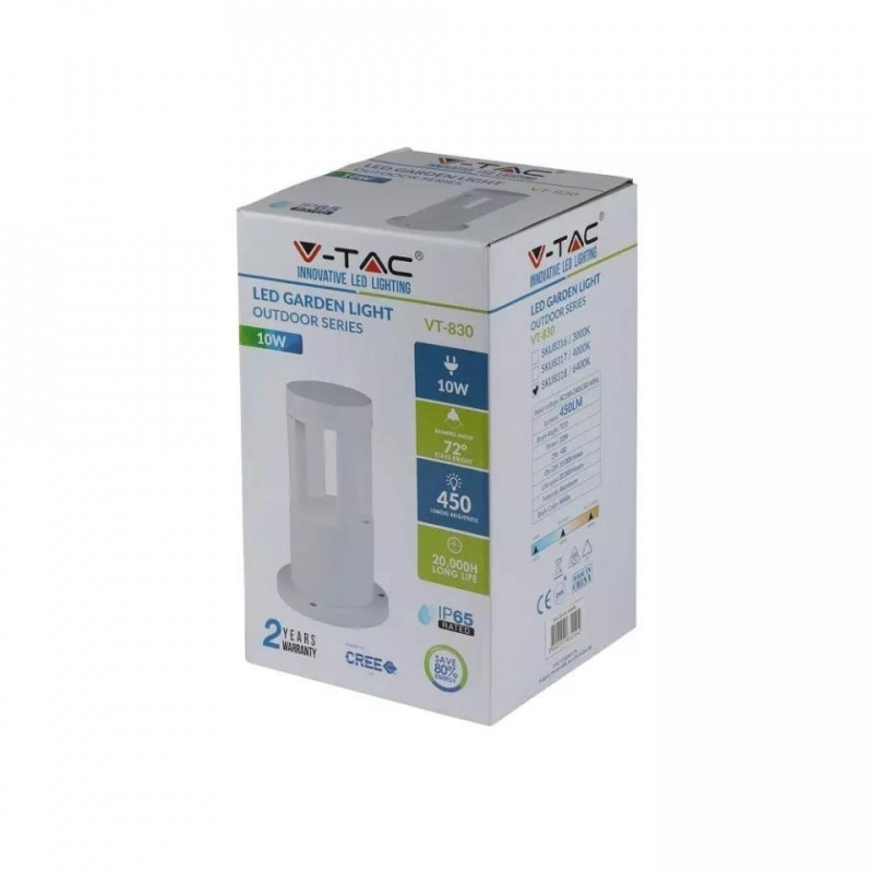 Oprawa Ogrodowa Słupek 10W LED V-TAC IP65 Biały 25cm VT-830 5000K 450lm