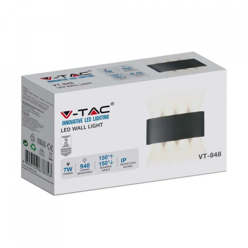 Oprawa Ścienna Góra/Dół V-TAC 8W LED Czarna IP54 VT-848 4200K 940lm