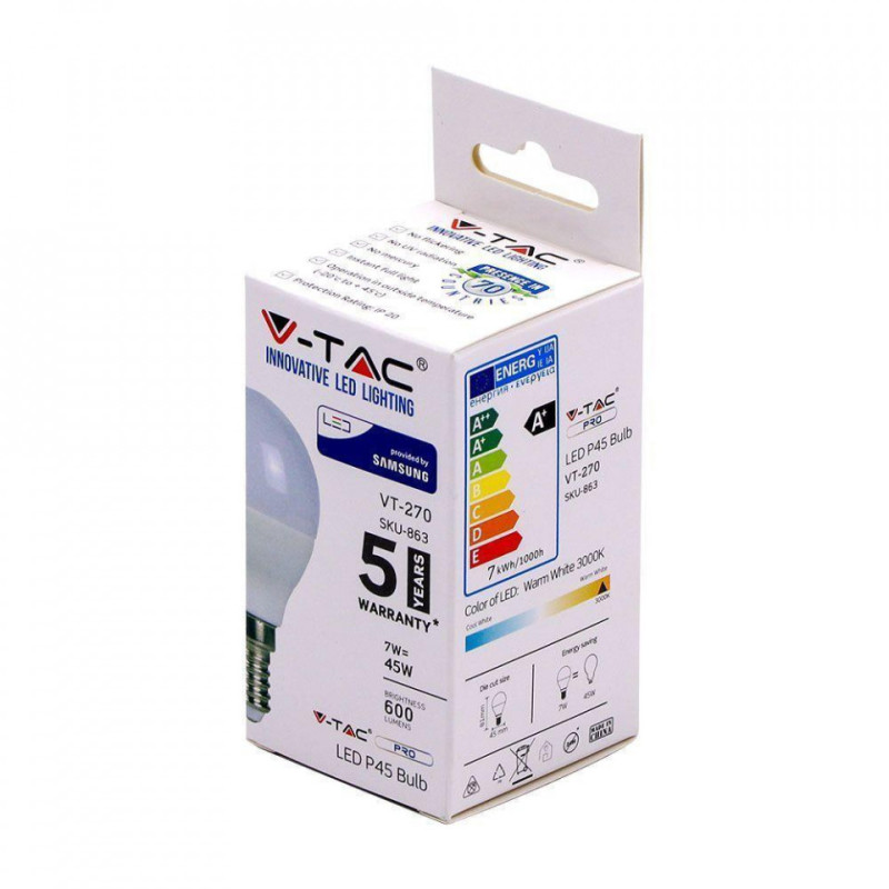 Żarówka LED V-TAC SAMSUNG CHIP 7W E14 Kulka P45 VT-290 3000K 600lm 5 Lat Gwarancji