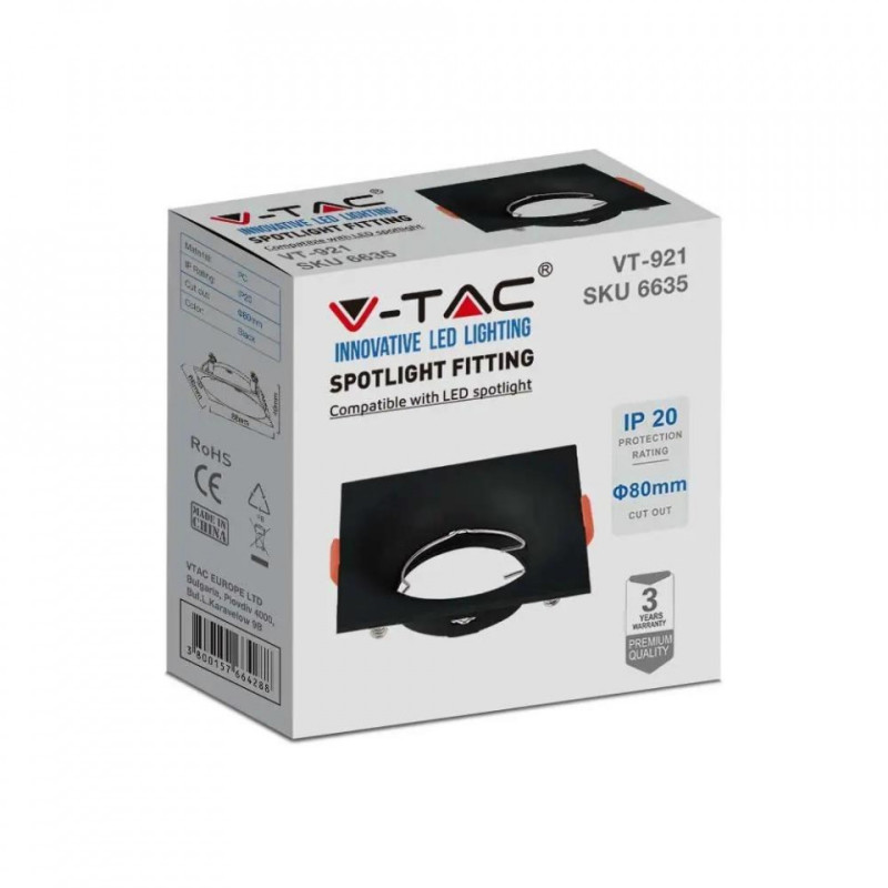 Oczko V-TAC GU10 Wpuszane Kwadrat Czarne VT-921 3 Lata Gwarancji