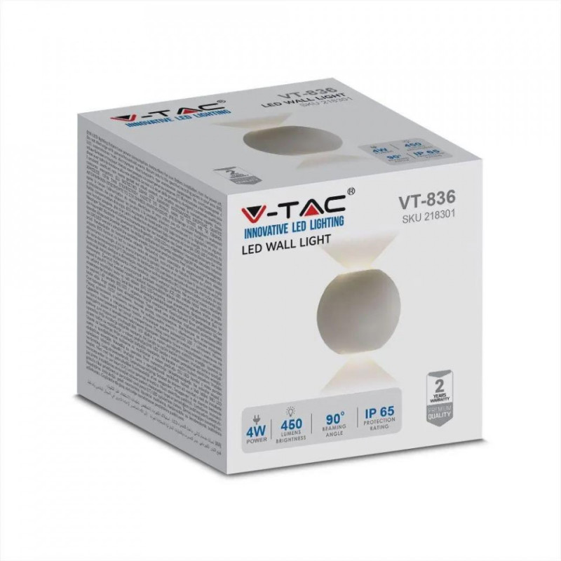 Kinkiet Ścienny V-TAC 6W LED Biały Okrągły IP65 VT-836 3000K 450lm