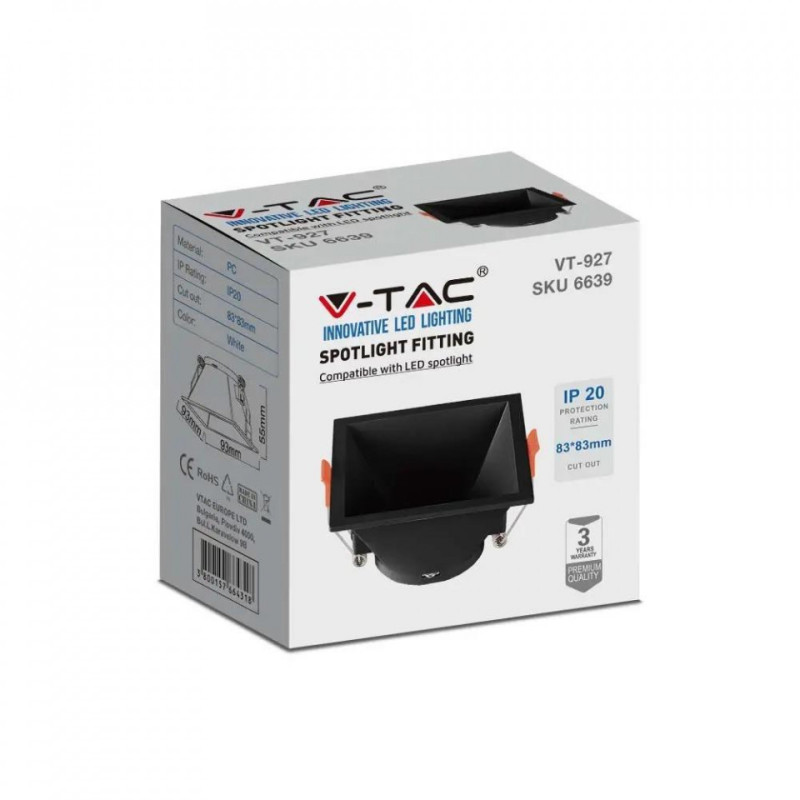 Oczko V-TAC GU10 Wpuszane Głębokie Kwadrat Czarne VT-927 3 Lata Gwarancji
