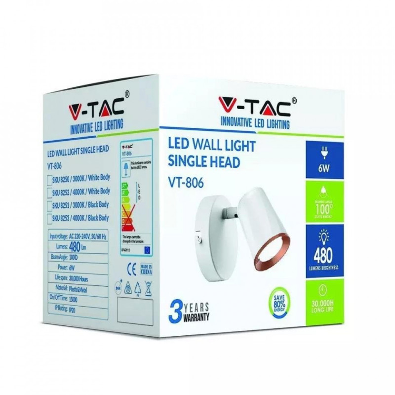 Kinkiet V-TAC 6W LED VT-806 3000K Biały 480lm