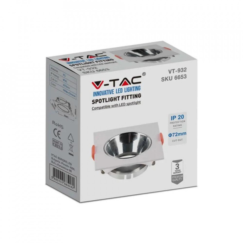 Oczko V-TAC GU10 Wpuszane Kwadrat Białe/Chrom VT-932 3 Lata Gwarancji