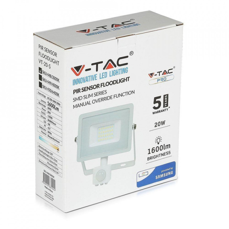 Halogen zewnętrzny LED V-TAC 20W SAMSUNG CHIP Czujnik Ruchu Funkcja Cut-OFF Biały VT-20-S 4000K 1600lm 5 Lat Gwarancji