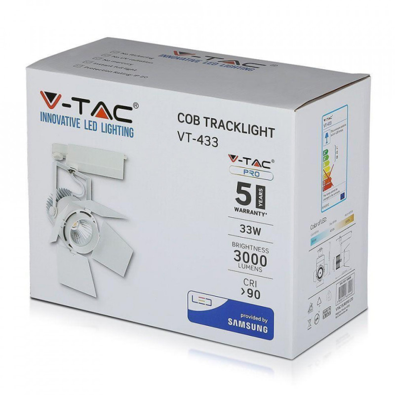 Oprawa 33W LED V-TAC Track Light SAMSUNG CHIP CRI90+ Biała VT-433 3000K 2640lm 5 Lat Gwarancji