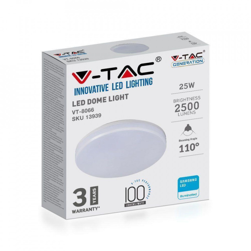 Plafon Natynkowy Okrągły V-TAC 25W LED SAMSUNG CHIP 4000K IP44 100lm/W VT-8066 4000K 2500lm 3 Lata Gwarancji