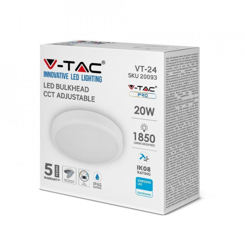 Plafon V-TAC SAMSUNG CHIP 24W LED IP65 IK08 Biały VT-24 3w1 1850lm 5 Lat Gwarancji