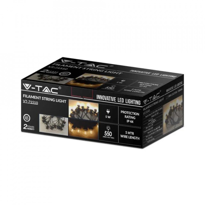 Girlanda Ogrodowa V-TAC (sznur) 6W LED 5 metrów 10 żarówek 0,4W Filament VT-71510 3000K 350lm