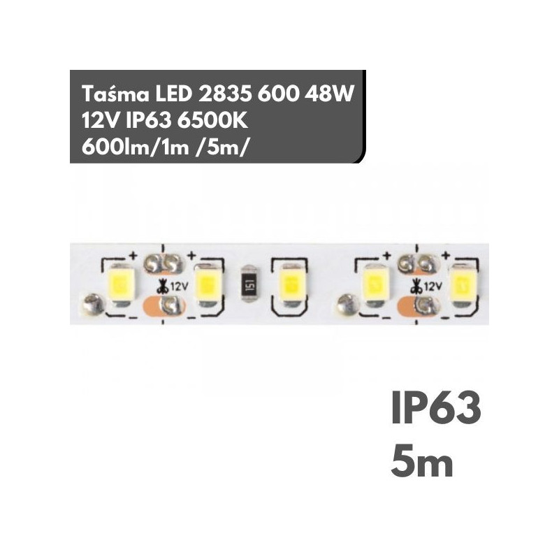 Taśma LED 2835 600 48W 12V IP63 6500K 600lm/1m /5m
