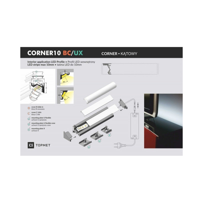Profil aluminiowy LED narożny CORNER10 biały TOPMET - 1m