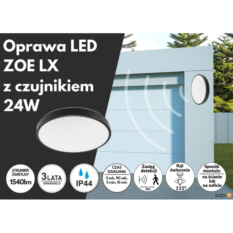 Oprawa Led Zoe Lx Z Czujnikiem Premium 24W Czarna Barwa Neutralna