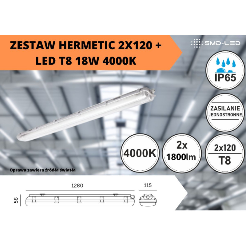 Zestaw Hermetic 2X120 + Led T8 18W 4000K KFHC218NB1