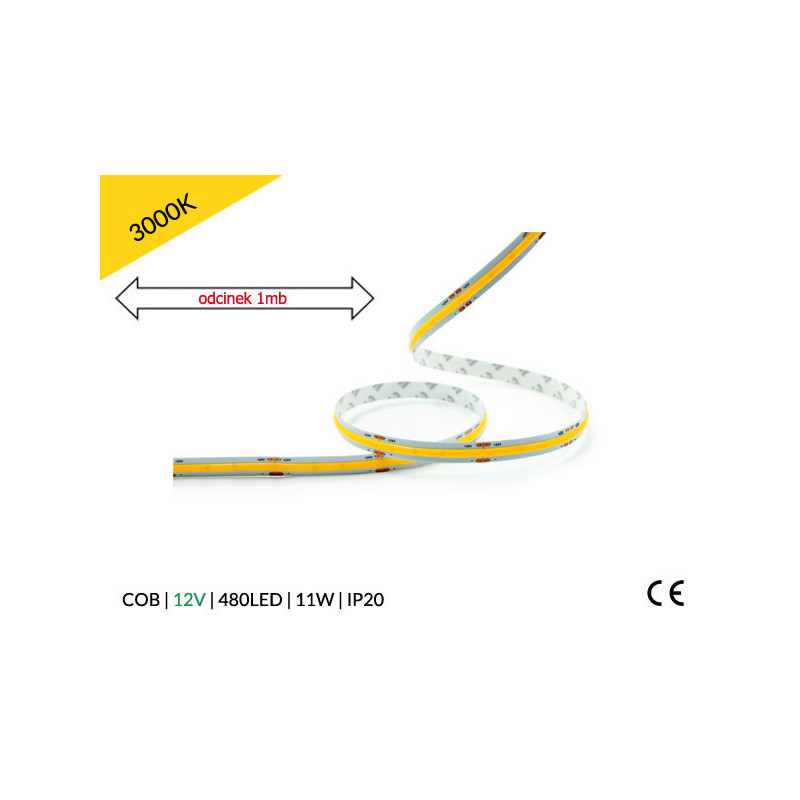 1mb / TAŚMA LED 12V / COB / 11W / 480LED / IP20 / 3000K / 95lm/W / Ra 90 / 8mm