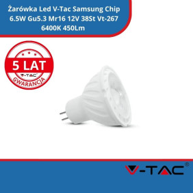 Żarówka Led V-Tac Samsung Chip 6.5W Gu5.3 Mr16 12V 38St Vt-267 6400K 450Lm 5 Lat Gwarancji
