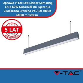 Oprawa V-Tac Led Linear Samsung Chip 60W Góra/Dół Do Łączenia Zwieszana Srebrna Vt-7-60 4000K 6000Lm 120Cm 5 Lat Gwarancji