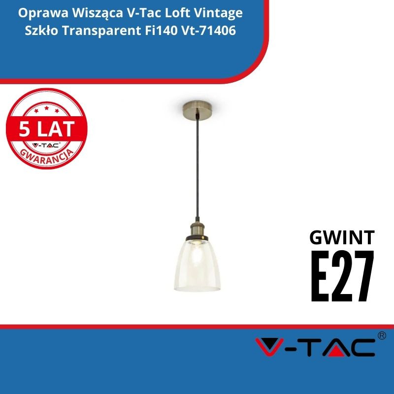 Oprawa Wisząca SKU 3735 V-Tac Loft Vintage Szkło Transparent Fi140 Vt-71406