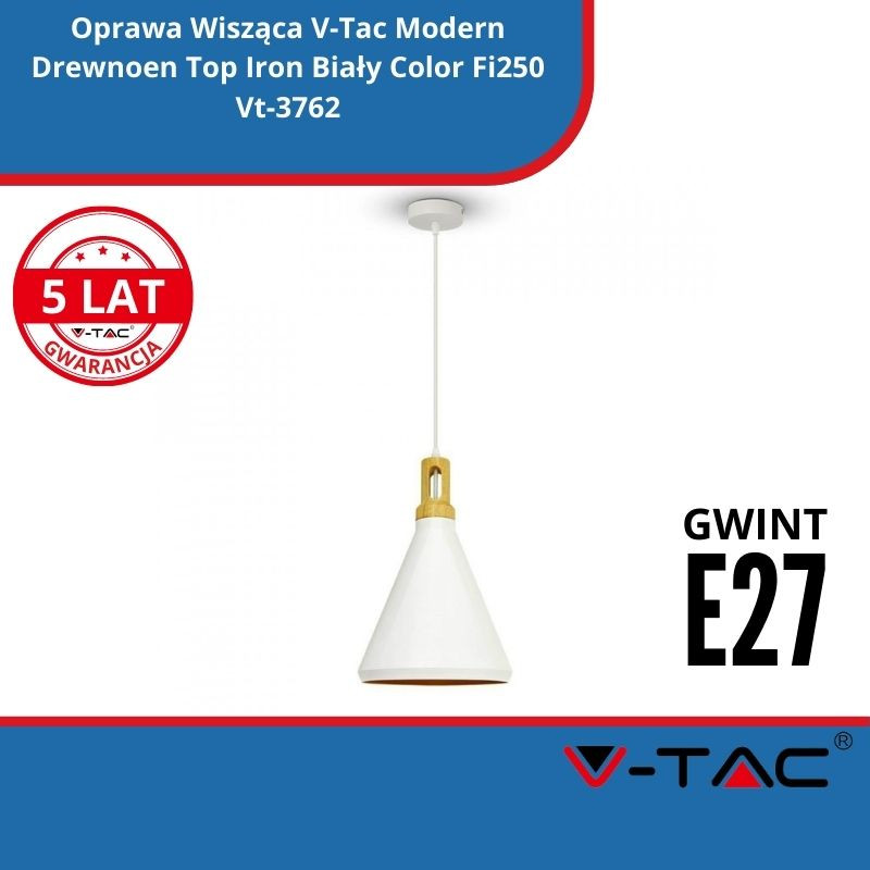 Oprawa Wisząca SKU 3761 V-Tac Modern Drewnoen Top Iron Biały Color Fi250 Vt-3762
