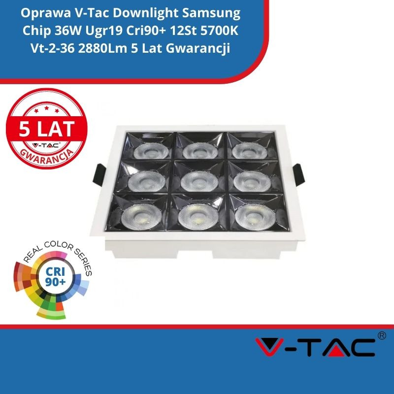 Oprawa SKU 982 V-Tac Downlight Samsung Chip 36W Ugr19 Cri90+ 12St 5700K Vt-2-36 2880Lm 5 Lat Gwarancji