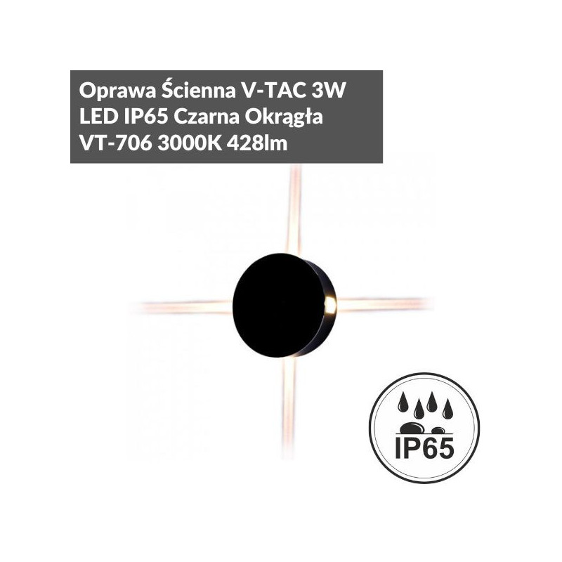 Oprawa Ścienna V-Tac 3W Led Ip65 Czarna Okrągła Vt-706 3000K 428Lm