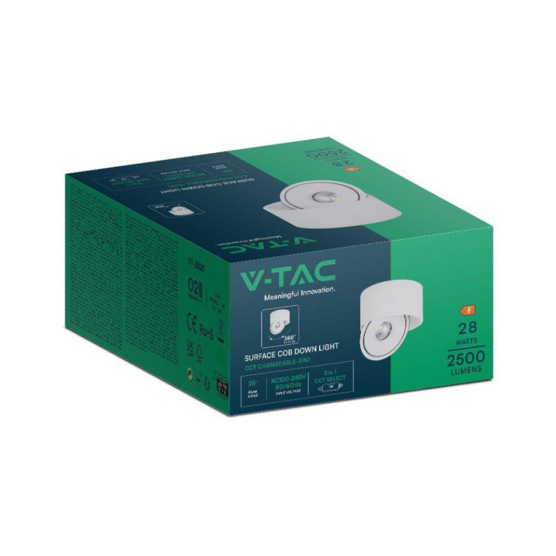 Oprawa Natynkowa Downlight V-Tac 28W Uchylna Cri90 Cct Biała Vt-2833 3000K-4000K-6400K 2500Lm