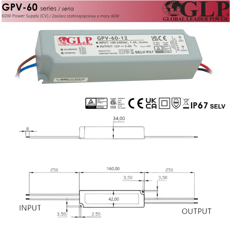 wymiary Zasilacz Led GPV-60-12 60W Napięciowy 12V 5A Ip67 Hermetyczny Ip67- Glp