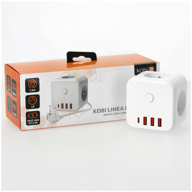 Przedłużacz Kobi Linea Pro Cube C 3-Gniazda 1,5M Z Uz. I Wył. + 4Xusb