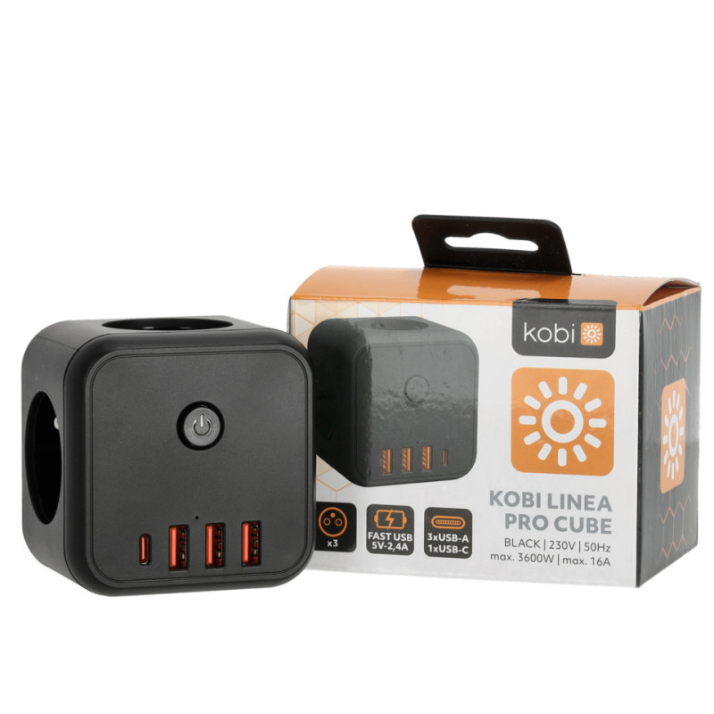 Rozgałęźnik Kobi Linea Pro Cube 3-Gniazda Z Uz. I Wył. + 4Xusb Czarny
