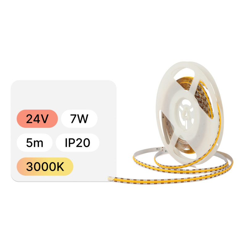 Taśma Led Cob 24V 7W Biała Ciepła 5Mm 5Metrów