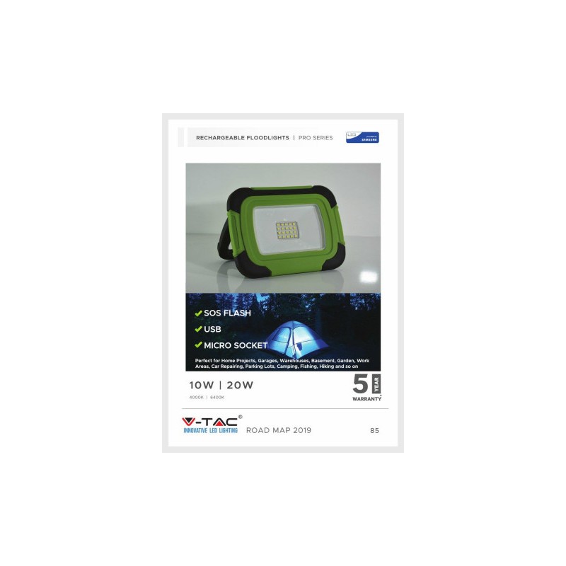 Halogen LED V-TAC 10W Ładowalny USB SAMSUNG CHIP Funkcja SOS 700lm 3,7V Li-Ion IP44 6400K VT-11-R