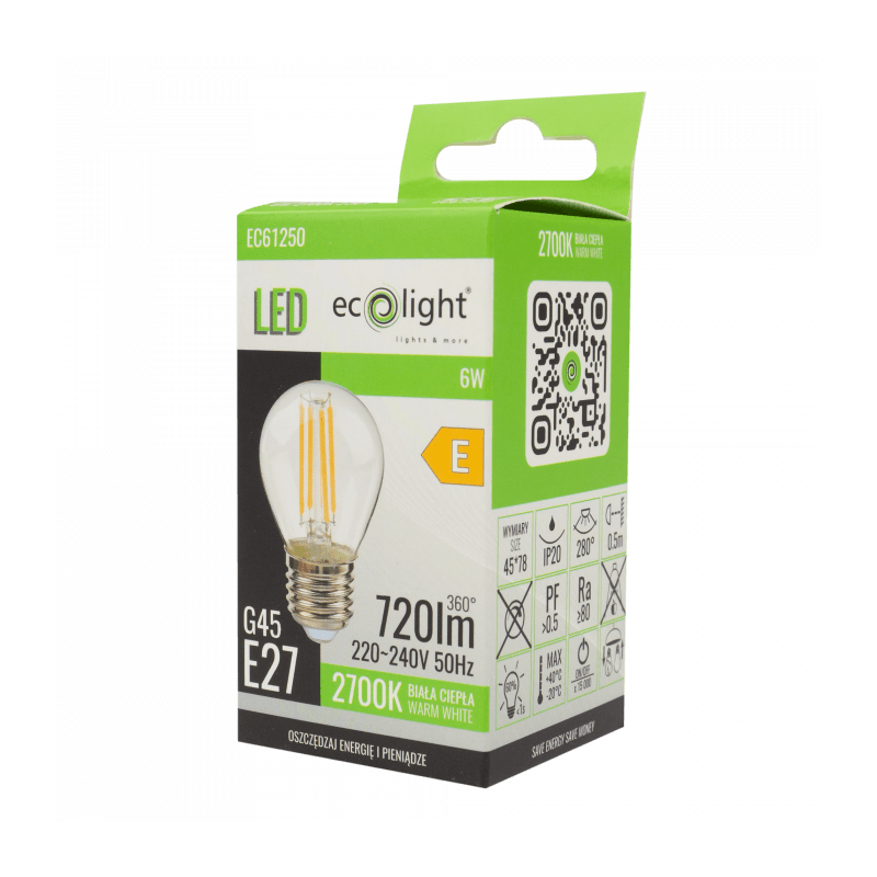 Golf Ball Filament G45 6W E27 2700K 720Lm