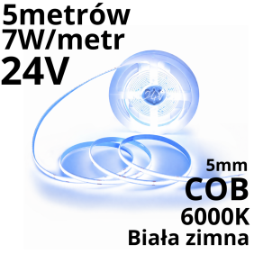Taśma Led Cob 5Mm 24V 7W/M 6000K Cri90 Rolka 5M Ip20 Cięcie 1 Cm Pwm