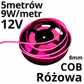 Taśma LED RÓŻOWA 12V COB 480 9W/m IP20 rolka 5m