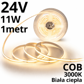 TAŚMA LED Ciepła COB 24V 11W IP20 3000K 95lm/W 8mm - 1m