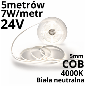 Wąska Taśma Led COB SLIM 5mm 24V 7W/M 4000K Rolka 5M